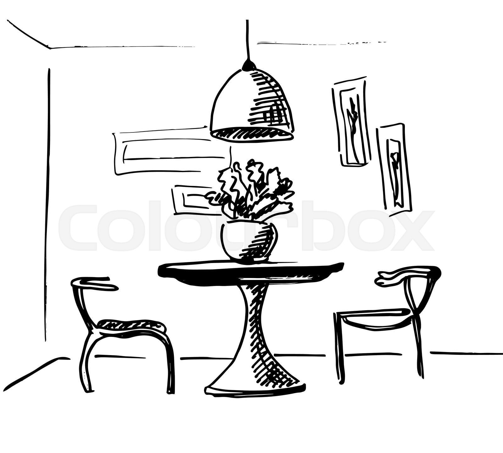 The sketch the room. Design a table and two chairs in the co Colourbox