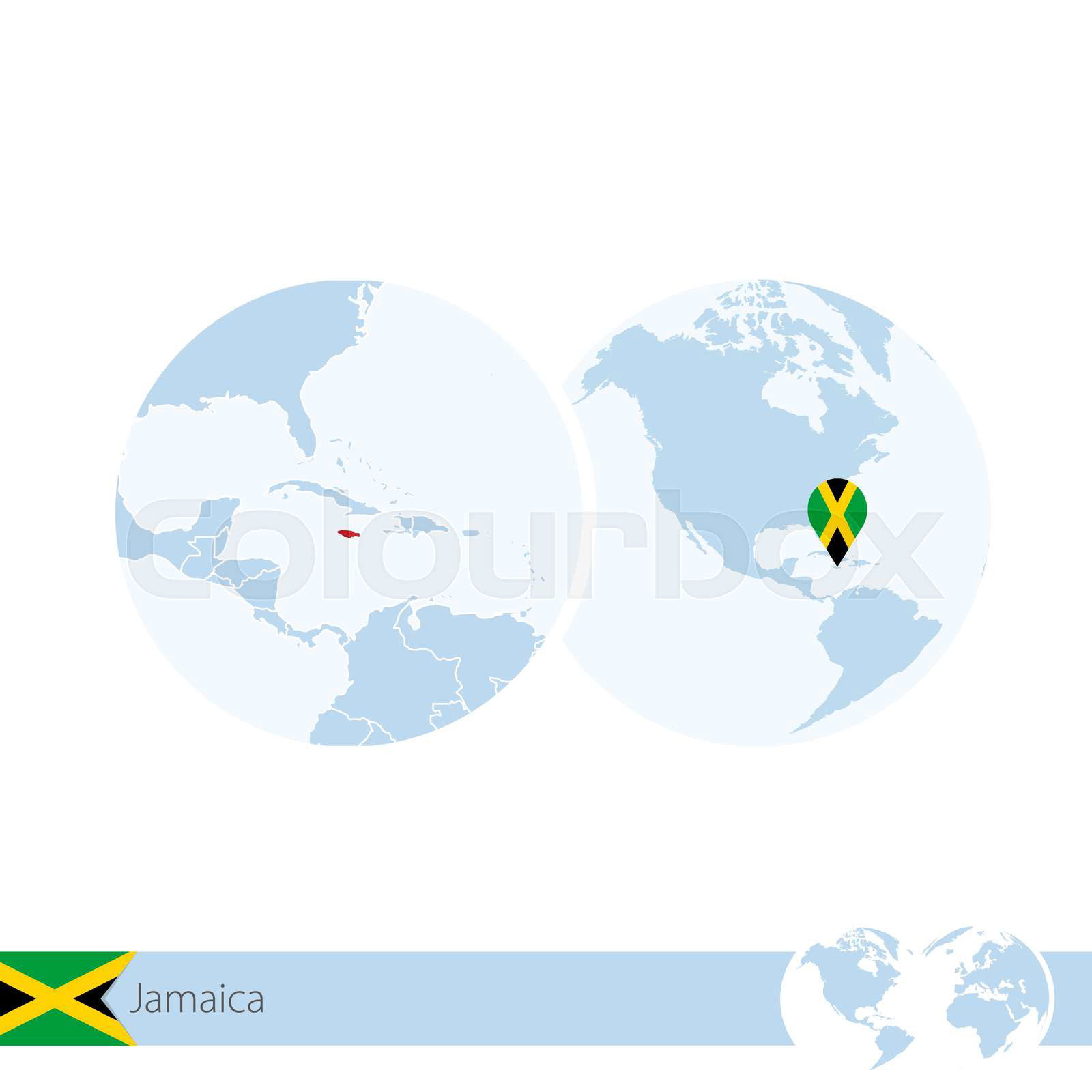 Jamaica on world globe with flag and regional map of Jamaica Colourbox