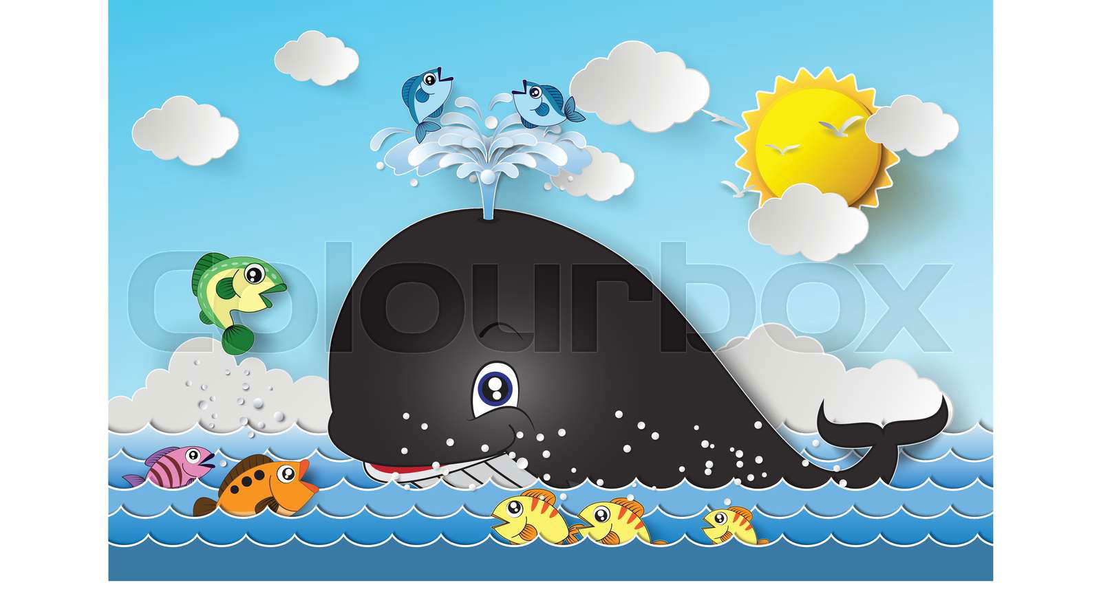 Illustration of cute cartoon whale.paper cut style. | Colourbox Illustration of cute cartoon whale.paper cut style. | Colourbox