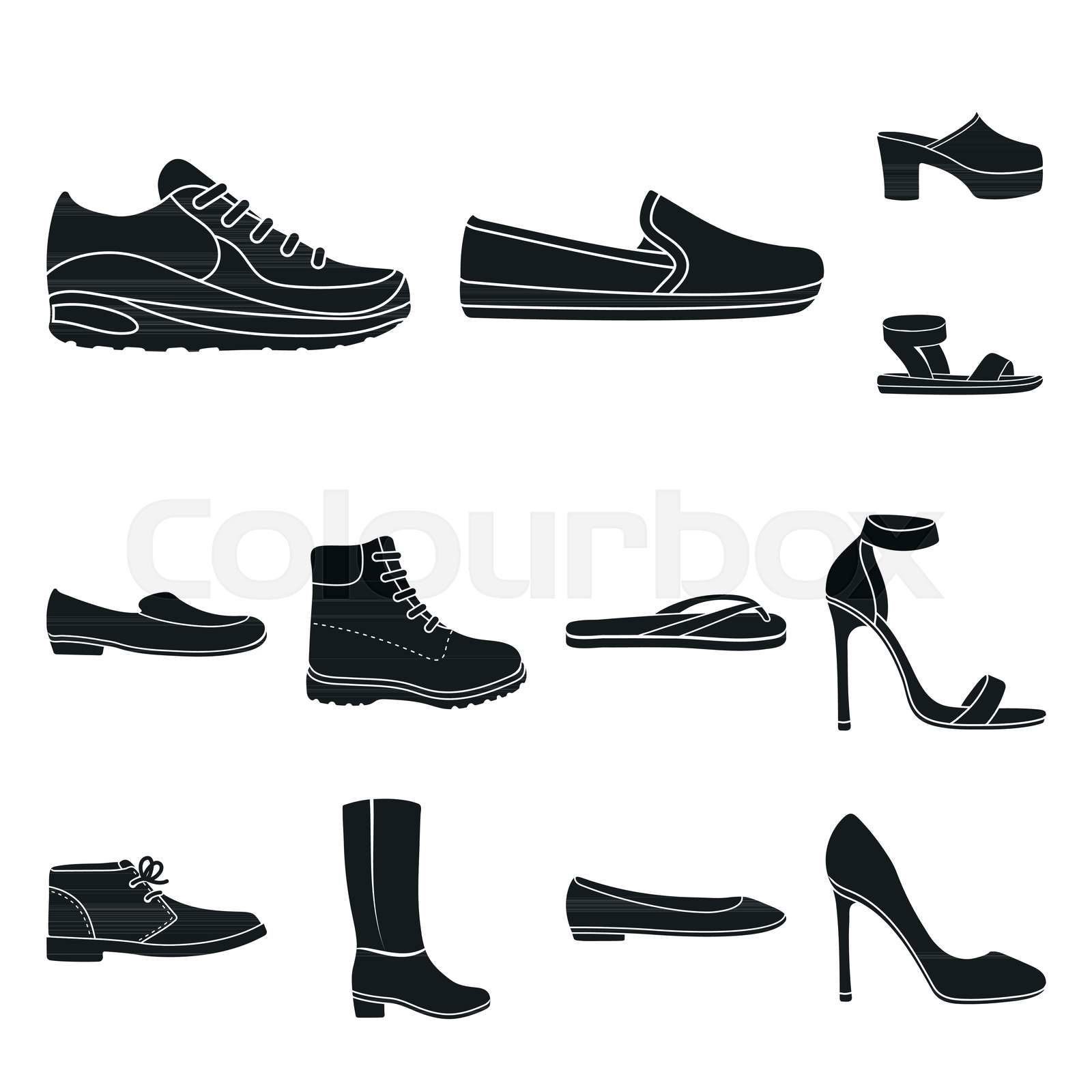 A variety of shoes black icons in set collection for design. Colourbox