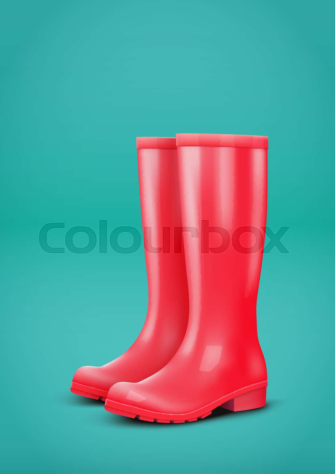 Red rubber rain boots on blue background. Fashion Symbol of autumn season. Poster for magazine and shop sale advertise. Vector illustration