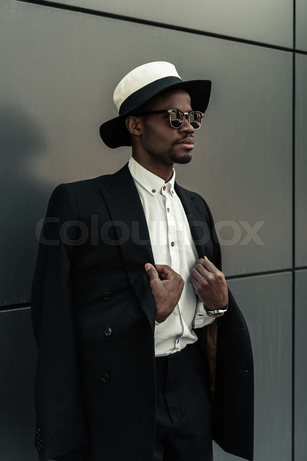 Fashionable african american businessman wearing fedora hat Colourbox