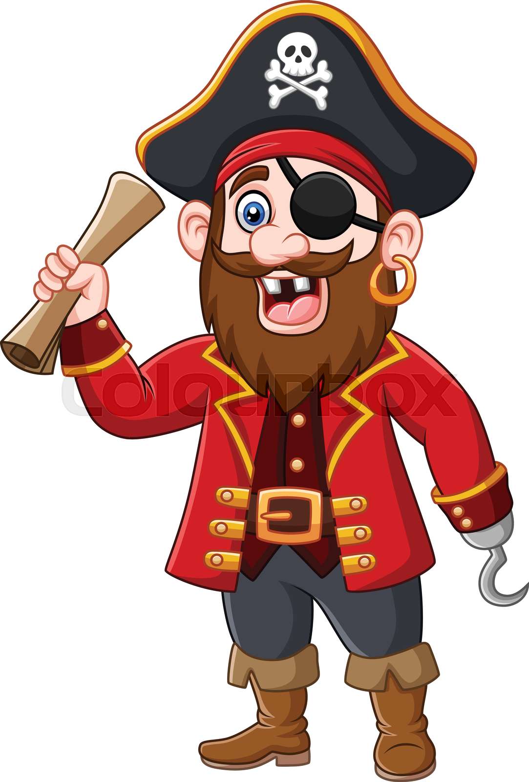 Vector illustration of Cartoon Pirate captain holding a trea Colourbox