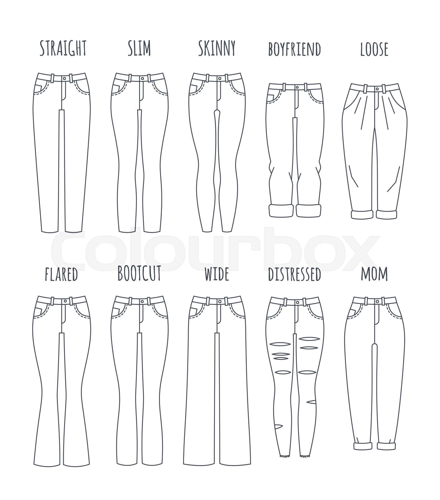 Trendy women jeans styles collection. Vector flat thin line Colourbox