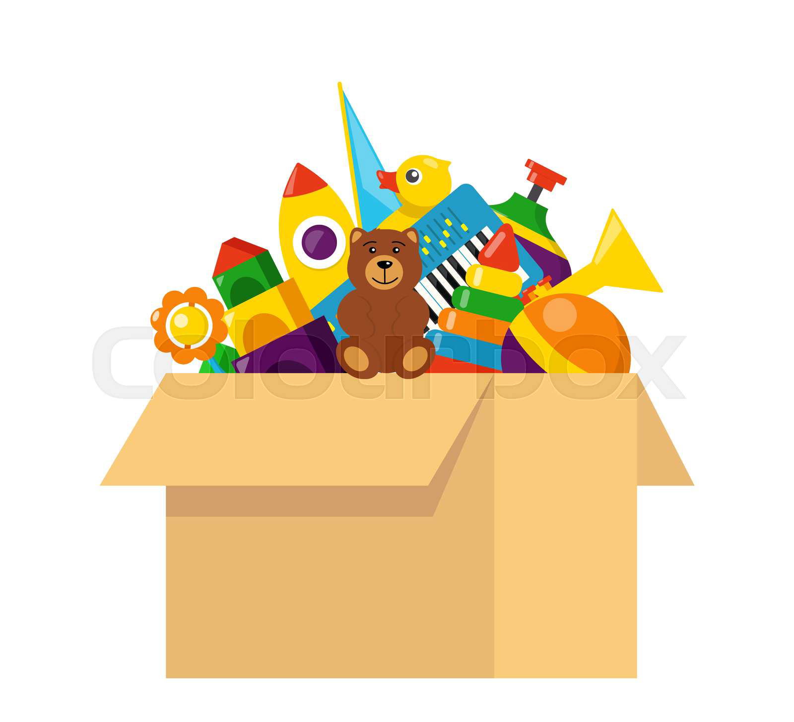 Toys for kids icon set. Flat style set of 9 toys for kids ve Colourbox