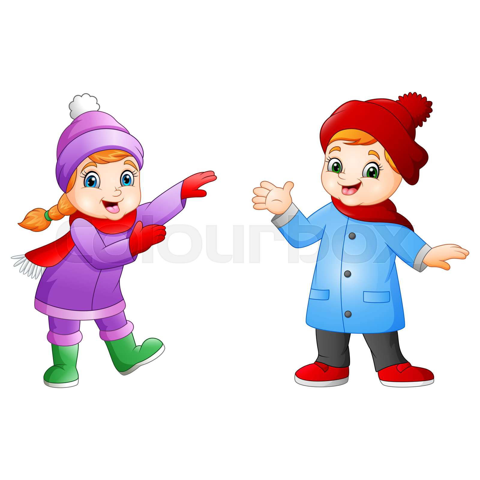 Illustration of Cartoon girl and boy wearing winter clothes Colourbox