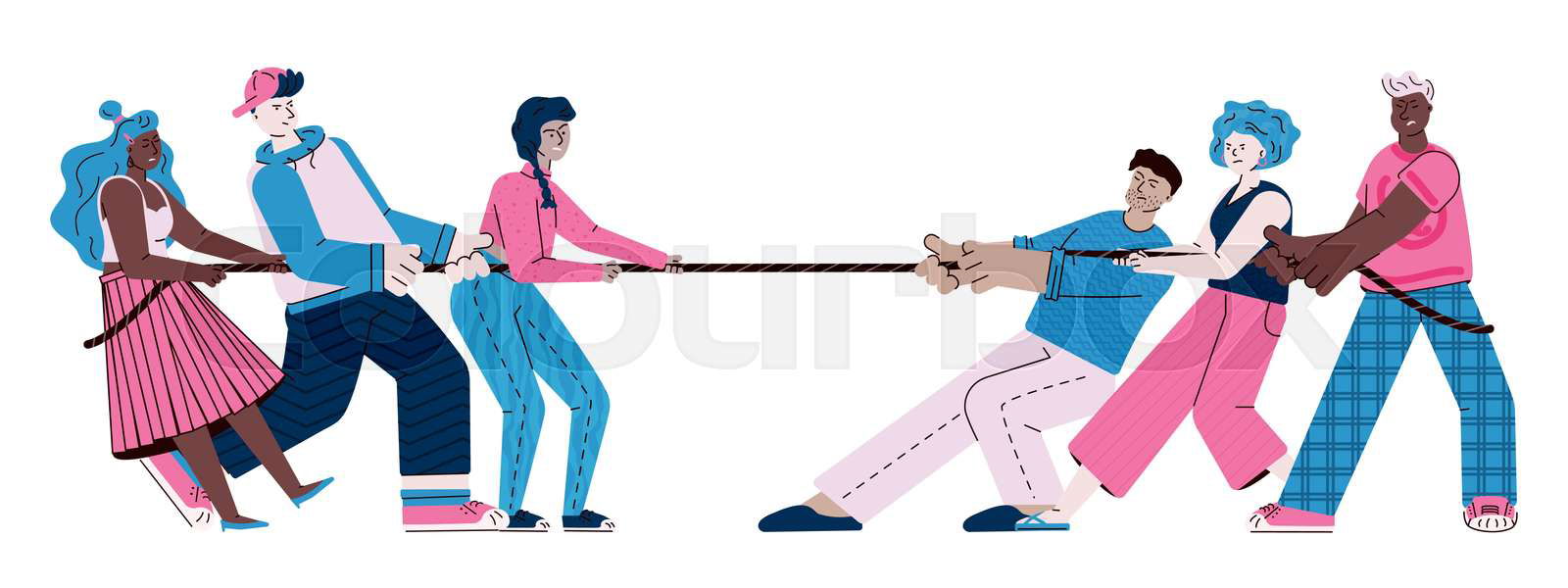 Teenagers playing tug of war two teams of young cartoon pe Colourbox