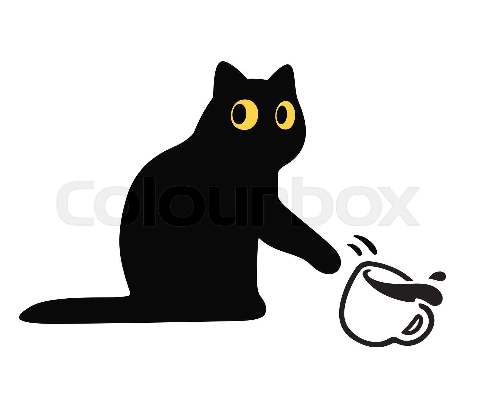 Cartoon black cat knocking coffee cup off table. Funny cat b Colourbox