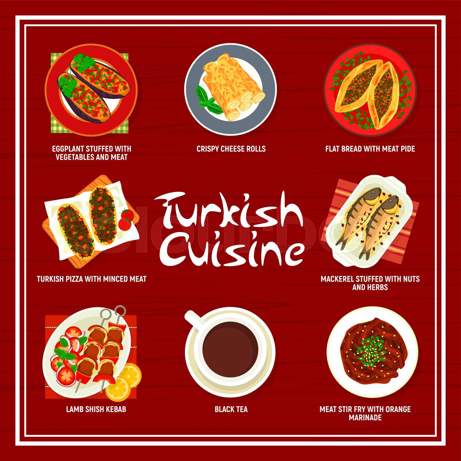 Turkish cuisine menu of vector meat shish kebab vegetable f Colourbox