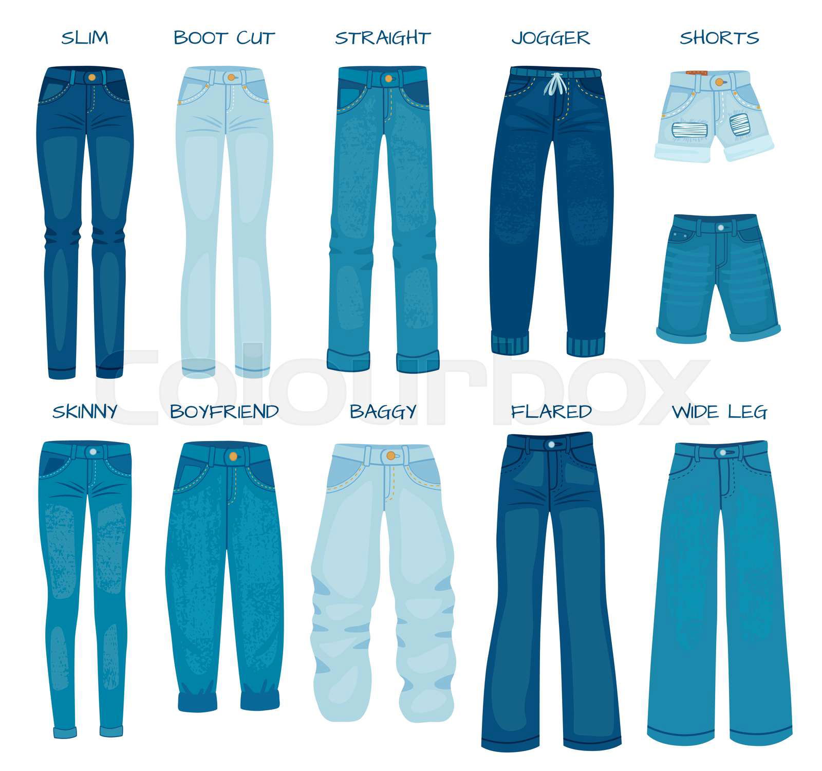 Women jeans fits. Denim female pants models skinny straight Colourbox