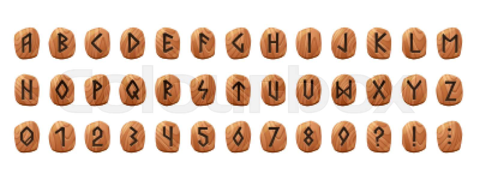 Rune alphabet on wooden tablets with engraved letters, numbe
