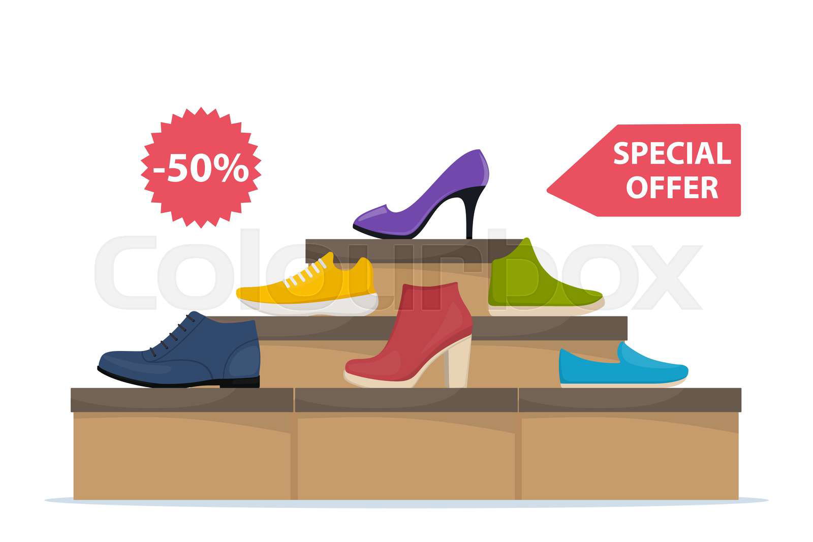 Shoes sale in store. Shoe boxes with footwear. Stylish moder Colourbox
