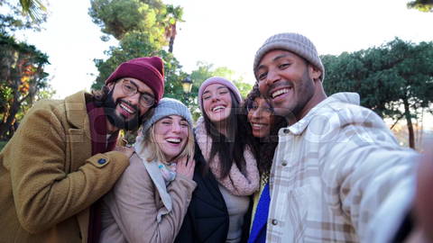 Group of young friends waving and having fun taking a selfie |            Colourbox        