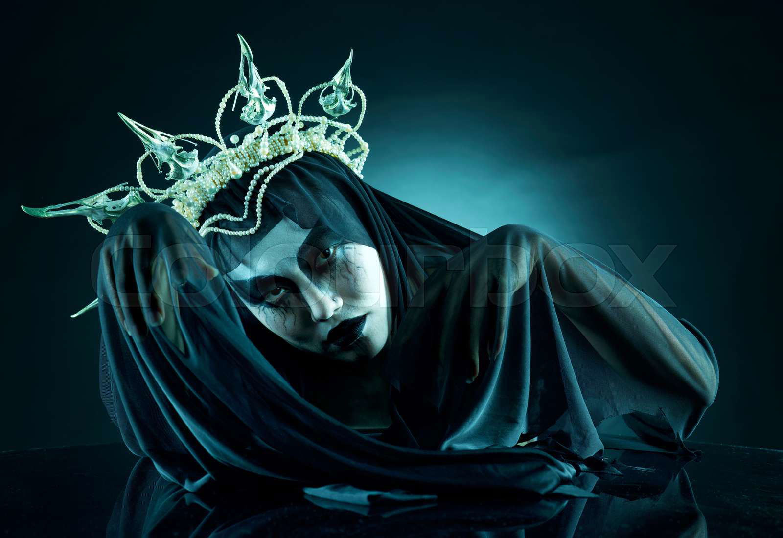 Reflection, dark and fantasy with portrait of queen for evil
