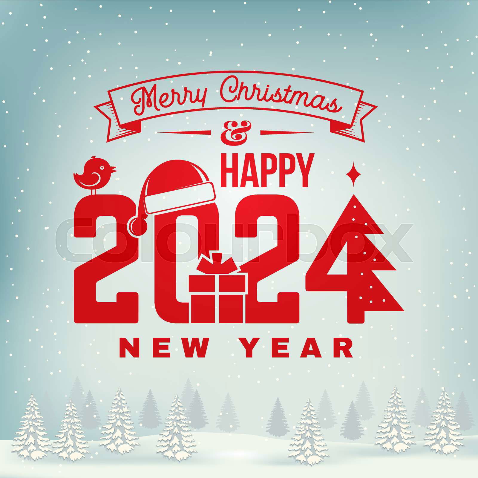 Merry Christmas and Happy New Year 2024 stamp, sticker set w