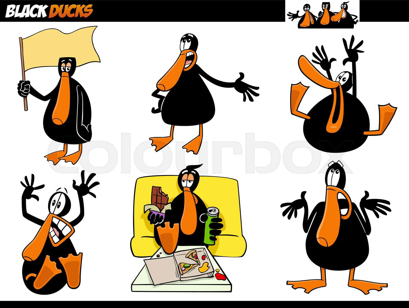 Cartoon illustration of funny black duck animal characters s Colourbox